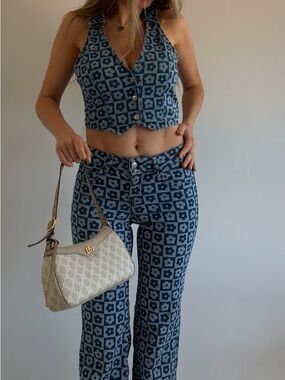 Retro 70s Floral Checkerboard Denim Set H&M Low Rise Flare Jeans Halter Top Y2K